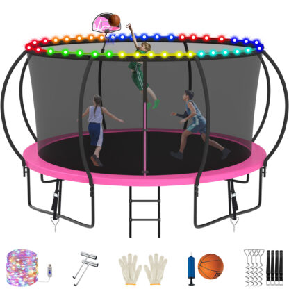 Jump Into Fun Trampoline, 12FT 1200LBS Trampoline for 5-6 Kids, Pumpkin Trampolines with Enclosure, LED Light, Basketball Hoop,Outdoor Galvanized Anti-Rust Coating Recreational Trampoline for Gifts