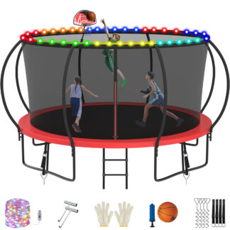Jump Into Fun Trampoline, 12FT 1200LBS Trampoline for 5-6 Kids, Pumpkin Trampolines with Enclosure, LED Light, Basketball Hoop,Outdoor Galvanized Anti-Rust Coating Recreational Trampoline for Gifts