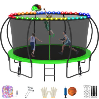 Jump Into Fun Trampoline, 12FT 1200LBS Trampoline for 5-6 Kids, Pumpkin Trampolines with Enclosure, LED Light, Basketball Hoop,Outdoor Galvanized Anti-Rust Coating Recreational Trampoline for Gifts