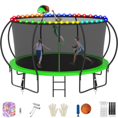 Jump Into Fun Trampoline, 12FT 1200LBS Trampoline for 5-6 Kids, Pumpkin Trampolines with Enclosure, LED Light, Basketball Hoop,Outdoor Galvanized Anti-Rust Coating Recreational Trampoline for Gifts