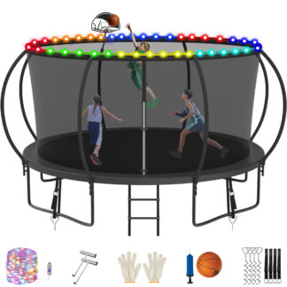 Jump Into Fun Trampoline, 16FT 15FT 14FT 12FT 10FT 8FT 1200LBS Trampoline for Adults/5-6 Kids with Enclosure, LED Light, Basketball Hoop, Outdoor Anti-Rust Coating Recreational Trampoline for Gifts