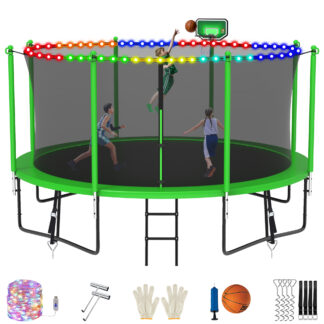 Jump Into Fun 12FT Trampoline for Adults/ 5-6 Kids, 1200LBS Trampolines with Enclosure, LED Light, Basketball Hoop, Wind Stakes, Heavy Duty Outdoor Anti-Rust Coating Recreational Trampoline for Gift