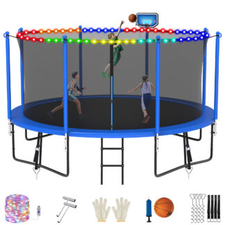 Jump Into Fun 12FT Trampoline for Adults/ 5-6 Kids, 1200LBS Trampolines with Enclosure, LED Light, Basketball Hoop, Wind Stakes, Heavy Duty Outdoor Anti-Rust Coating Recreational Trampoline for Gift