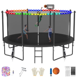 Jump Into Fun 12FT Trampoline for Adults/ 5-6 Kids, 1200LBS Trampolines with Enclosure, LED Light, Basketball Hoop, Wind Stakes, Heavy Duty Outdoor Anti-Rust Coating Recreational Trampoline for Gift
