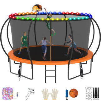 Jump Into Fun Trampoline, 14FT 1400LBS Trampoline for 6-7 Kids, Pumpkin Trampolines with Enclosure, LED Light, Basketball Hoop,Outdoor Galvanized Anti-Rust Coating Recreational Trampoline for Gifts