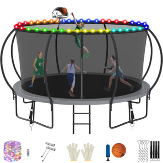 Jump Into Fun Trampoline, 14FT 1400LBS Trampoline for 6-7 Kids, Pumpkin Trampolines with Enclosure, LED Light, Basketball Hoop,Outdoor Galvanized Anti-Rust Coating Recreational Trampoline for Gifts