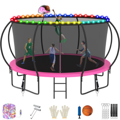 Jump Into Fun Trampoline, 14FT 1400LBS Trampoline for 6-7 Kids, Pumpkin Trampolines with Enclosure, LED Light, Basketball Hoop,Outdoor Galvanized Anti-Rust Coating Recreational Trampoline for Gifts