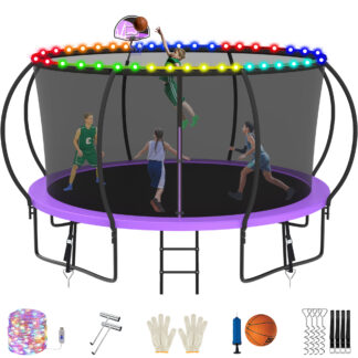 Jump Into Fun Trampoline, 14FT 1400LBS Trampoline for 6-7 Kids, Pumpkin Trampolines with Enclosure, LED Light, Basketball Hoop,Outdoor Galvanized Anti-Rust Coating Recreational Trampoline for Gifts