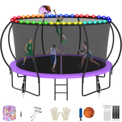 Jump Into Fun Trampoline, 14FT 1400LBS Trampoline for 6-7 Kids, Pumpkin Trampolines with Enclosure, LED Light, Basketball Hoop,Outdoor Galvanized Anti-Rust Coating Recreational Trampoline for Gifts