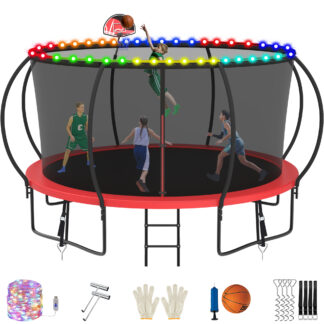 Jump Into Fun Trampoline, 14FT 1400LBS Trampoline for 6-7 Kids, Pumpkin Trampolines with Enclosure, LED Light, Basketball Hoop,Outdoor Galvanized Anti-Rust Coating Recreational Trampoline for Gifts