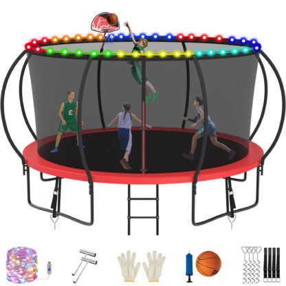 Jump Into Fun Trampoline, 14FT 1400LBS Trampoline for 6-7 Kids, Pumpkin Trampolines with Enclosure, LED Light, Basketball Hoop,Outdoor Galvanized Anti-Rust Coating Recreational Trampoline for Gifts