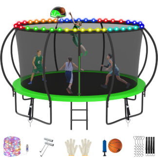 Jump Into Fun Trampoline, 14FT 1400LBS Trampoline for 6-7 Kids, Pumpkin Trampolines with Enclosure, LED Light, Basketball Hoop,Outdoor Galvanized Anti-Rust Coating Recreational Trampoline for Gifts