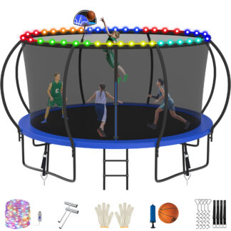 Jump Into Fun Trampoline, 14FT 1400LBS Trampoline for 6-7 Kids, Pumpkin Trampolines with Enclosure, LED Light, Basketball Hoop,Outdoor Galvanized Anti-Rust Coating Recreational Trampoline for Gifts