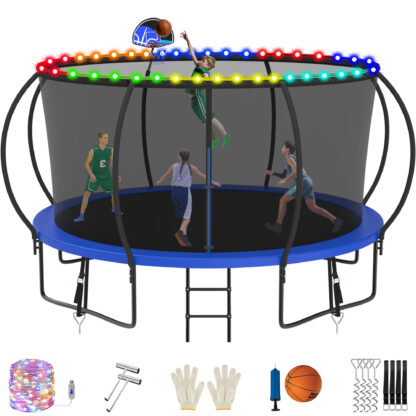 Jump Into Fun Trampoline, 14FT 1400LBS Trampoline for 6-7 Kids, Pumpkin Trampolines with Enclosure, LED Light, Basketball Hoop,Outdoor Galvanized Anti-Rust Coating Recreational Trampoline for Gifts