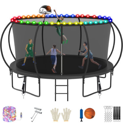 Jump Into Fun Trampoline, 14FT 1400LBS Trampoline for 6-7 Kids, Pumpkin Trampolines with Enclosure, LED Light, Basketball Hoop,Outdoor Galvanized Anti-Rust Coating Recreational Trampoline for Gifts