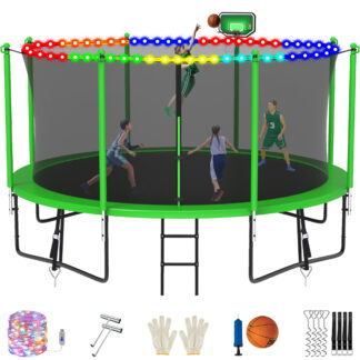 Jump Into Fun 14FT Trampoline for Adults/ 6-8 Kids, 1400LBS Trampolines with Enclosure, LED Light, Basketball Hoop, Wind Stakes, Heavy Duty Outdoor Anti-Rust Coating Recreational Trampoline for Gift