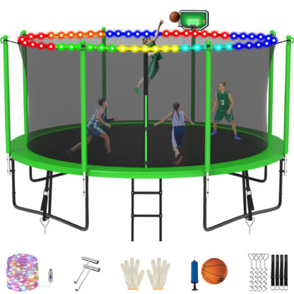 Jump Into Fun 14FT Trampoline for Adults/ 6-8 Kids, 1400LBS Trampolines with Enclosure, LED Light, Basketball Hoop, Wind Stakes, Heavy Duty Outdoor Anti-Rust Coating Recreational Trampoline for Gift