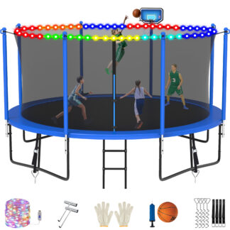 Jump Into Fun 14FT Trampoline for Adults/ 6-8 Kids, 1400LBS Trampolines with Enclosure, LED Light, Basketball Hoop, Wind Stakes, Heavy Duty Outdoor Anti-Rust Coating Recreational Trampoline for Gift