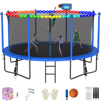 Jump Into Fun 14FT Trampoline for Adults/ 6-8 Kids, 1400LBS Trampolines with Enclosure, LED Light, Basketball Hoop, Wind Stakes, Heavy Duty Outdoor Anti-Rust Coating Recreational Trampoline for Gift