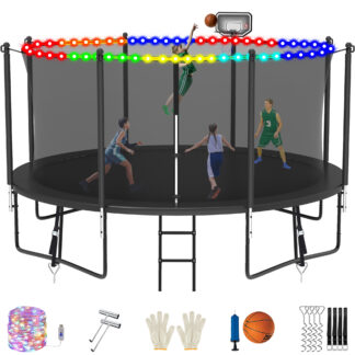 Jump Into Fun 14FT Trampoline for Adults/ 6-8 Kids, 1400LBS Trampolines with Enclosure, LED Light, Basketball Hoop, Wind Stakes, Heavy Duty Outdoor Anti-Rust Coating Recreational Trampoline for Gift