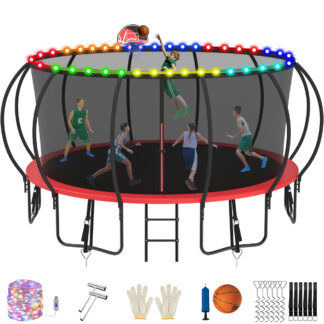 Jump Into Fun Trampoline, 15FT 1500LBS Trampoline for 7-8 Kids, Pumpkin Trampolines with Enclosure, LED Light, Basketball Hoop,Outdoor Galvanized Anti-Rust Coating Recreational Trampoline for Gifts