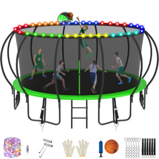 Jump Into Fun Trampoline, 15FT 1500LBS Trampoline for 7-8 Kids, Pumpkin Trampolines with Enclosure, LED Light, Basketball Hoop,Outdoor Galvanized Anti-Rust Coating Recreational Trampoline for Gifts