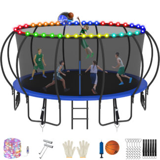 Jump Into Fun Trampoline, 15FT 1500LBS Trampoline for 7-8 Kids, Pumpkin Trampolines with Enclosure, LED Light, Basketball Hoop,Outdoor Galvanized Anti-Rust Coating Recreational Trampoline for Gifts