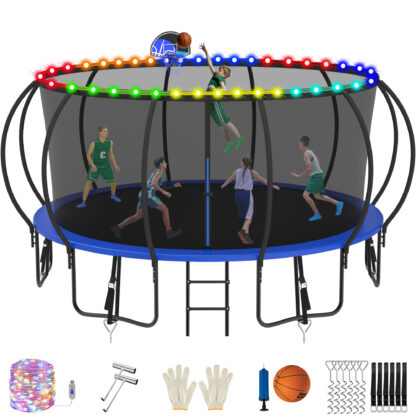 Jump Into Fun Trampoline, 15FT 1500LBS Trampoline for 7-8 Kids, Pumpkin Trampolines with Enclosure, LED Light, Basketball Hoop,Outdoor Galvanized Anti-Rust Coating Recreational Trampoline for Gifts