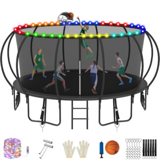 Jump Into Fun Trampoline, 15FT 1500LBS Trampoline for 7-8 Kids, Pumpkin Trampolines with Enclosure, LED Light, Basketball Hoop,Outdoor Galvanized Anti-Rust Coating Recreational Trampoline for Gifts