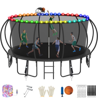 Jump Into Fun Trampoline, 15FT 1500LBS Trampoline for 7-8 Kids, Pumpkin Trampolines with Enclosure, LED Light, Basketball Hoop,Outdoor Galvanized Anti-Rust Coating Recreational Trampoline for Gifts