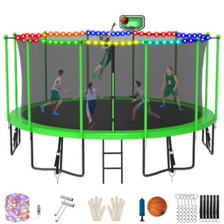 Jump Into Fun 15FT Trampoline for Adults/ 7-9 Kids, 1500LBS Trampolines with Enclosure, LED Light, Basketball Hoop, Wind Stakes, Heavy Duty Outdoor Anti-Rust Coating Recreational Trampoline for Gift