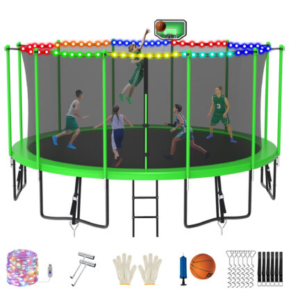 Jump Into Fun 15FT Trampoline for Adults/ 7-9 Kids, 1500LBS Trampolines with Enclosure, LED Light, Basketball Hoop, Wind Stakes, Heavy Duty Outdoor Anti-Rust Coating Recreational Trampoline for Gift