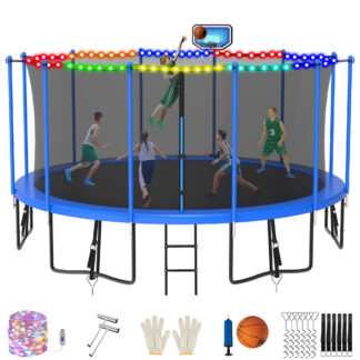 Jump Into Fun 15FT Trampoline for Adults/ 7-9 Kids, 1500LBS Trampolines with Enclosure, LED Light, Basketball Hoop, Wind Stakes, Heavy Duty Outdoor Anti-Rust Coating Recreational Trampoline for Gift