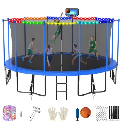 Jump Into Fun 15FT Trampoline for Adults/ 7-9 Kids, 1500LBS Trampolines with Enclosure, LED Light, Basketball Hoop, Wind Stakes, Heavy Duty Outdoor Anti-Rust Coating Recreational Trampoline for Gift