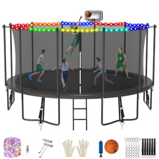 Jump Into Fun 15FT Trampoline for Adults/ 7-9 Kids, 1500LBS Trampolines with Enclosure, LED Light, Basketball Hoop, Wind Stakes, Heavy Duty Outdoor Anti-Rust Coating Recreational Trampoline for Gift