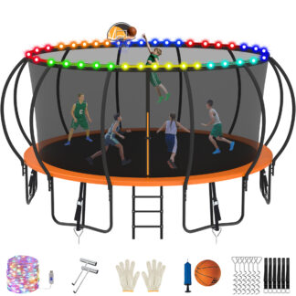 Jump Into Fun Trampoline, 16FT 1500LBS Trampoline for 8-9 Kids, Pumpkin Trampolines with Enclosure, LED Light, Basketball Hoop,Outdoor Galvanized Anti-Rust Coating Recreational Trampoline for Gifts