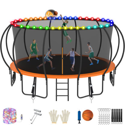 Jump Into Fun Trampoline, 16FT 1500LBS Trampoline for 8-9 Kids, Pumpkin Trampolines with Enclosure, LED Light, Basketball Hoop,Outdoor Galvanized Anti-Rust Coating Recreational Trampoline for Gifts