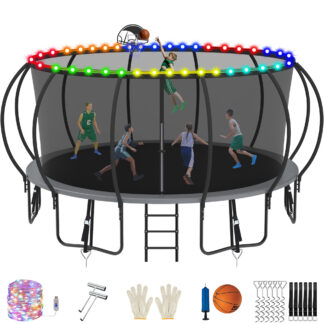 Jump Into Fun Trampoline, 16FT 1500LBS Trampoline for 8-9 Kids, Pumpkin Trampolines with Enclosure, LED Light, Basketball Hoop,Outdoor Galvanized Anti-Rust Coating Recreational Trampoline for Gifts