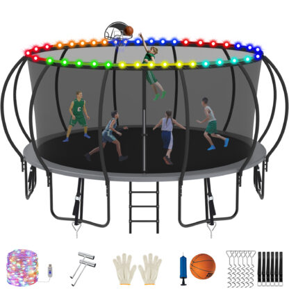 Jump Into Fun Trampoline, 16FT 1500LBS Trampoline for 8-9 Kids, Pumpkin Trampolines with Enclosure, LED Light, Basketball Hoop,Outdoor Galvanized Anti-Rust Coating Recreational Trampoline for Gifts