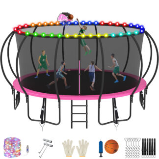 Jump Into Fun Trampoline, 16FT 1500LBS Trampoline for 8-9 Kids, Pumpkin Trampolines with Enclosure, LED Light, Basketball Hoop,Outdoor Galvanized Anti-Rust Coating Recreational Trampoline for Gifts