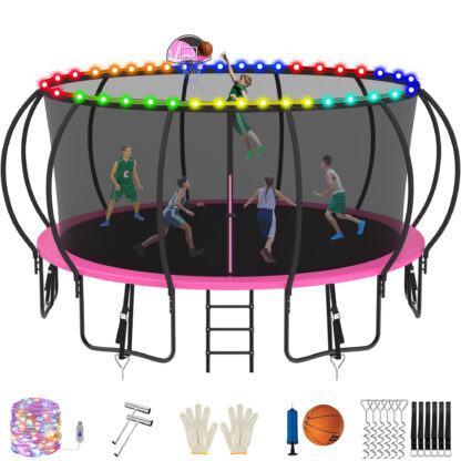 Jump Into Fun Trampoline, 16FT 1500LBS Trampoline for 8-9 Kids, Pumpkin Trampolines with Enclosure, LED Light, Basketball Hoop,Outdoor Galvanized Anti-Rust Coating Recreational Trampoline for Gifts