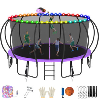 Jump Into Fun Trampoline, 16FT 1500LBS Trampoline for 8-9 Kids, Pumpkin Trampolines with Enclosure, LED Light, Basketball Hoop,Outdoor Galvanized Anti-Rust Coating Recreational Trampoline for Gifts