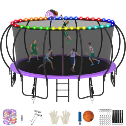 Jump Into Fun Trampoline, 16FT 1500LBS Trampoline for 8-9 Kids, Pumpkin Trampolines with Enclosure, LED Light, Basketball Hoop,Outdoor Galvanized Anti-Rust Coating Recreational Trampoline for Gifts