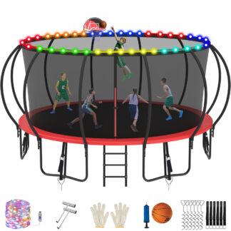 Jump Into Fun Trampoline, 16FT 1500LBS Trampoline for 8-9 Kids, Pumpkin Trampolines with Enclosure, LED Light, Basketball Hoop,Outdoor Galvanized Anti-Rust Coating Recreational Trampoline for Gifts
