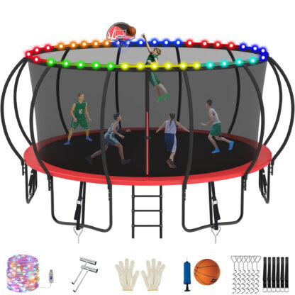 Jump Into Fun Trampoline, 16FT 1500LBS Trampoline for 8-9 Kids, Pumpkin Trampolines with Enclosure, LED Light, Basketball Hoop,Outdoor Galvanized Anti-Rust Coating Recreational Trampoline for Gifts