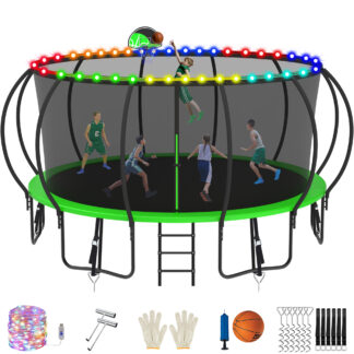 Jump Into Fun Trampoline, 16FT 1500LBS Trampoline for 8-9 Kids, Pumpkin Trampolines with Enclosure, LED Light, Basketball Hoop,Outdoor Galvanized Anti-Rust Coating Recreational Trampoline for Gifts