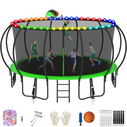 Jump Into Fun Trampoline, 16FT 1500LBS Trampoline for 8-9 Kids, Pumpkin Trampolines with Enclosure, LED Light, Basketball Hoop,Outdoor Galvanized Anti-Rust Coating Recreational Trampoline for Gifts