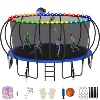 Jump Into Fun Trampoline, 16FT 1500LBS Trampoline for 8-9 Kids, Pumpkin Trampolines with Enclosure, LED Light, Basketball Hoop,Outdoor Galvanized Anti-Rust Coating Recreational Trampoline for Gifts