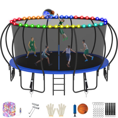 Jump Into Fun Trampoline, 16FT 1500LBS Trampoline for 8-9 Kids, Pumpkin Trampolines with Enclosure, LED Light, Basketball Hoop,Outdoor Galvanized Anti-Rust Coating Recreational Trampoline for Gifts