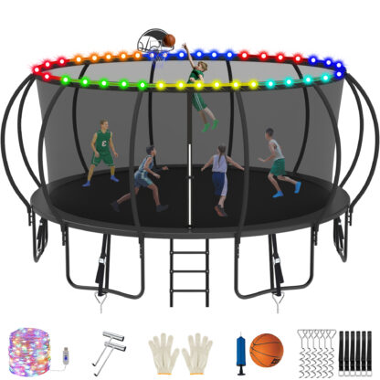 Jump Into Fun Trampoline, 16FT 1500LBS Trampoline for 8-9 Kids, Pumpkin Trampolines with Enclosure, LED Light, Basketball Hoop,Outdoor Galvanized Anti-Rust Coating Recreational Trampoline for Gifts